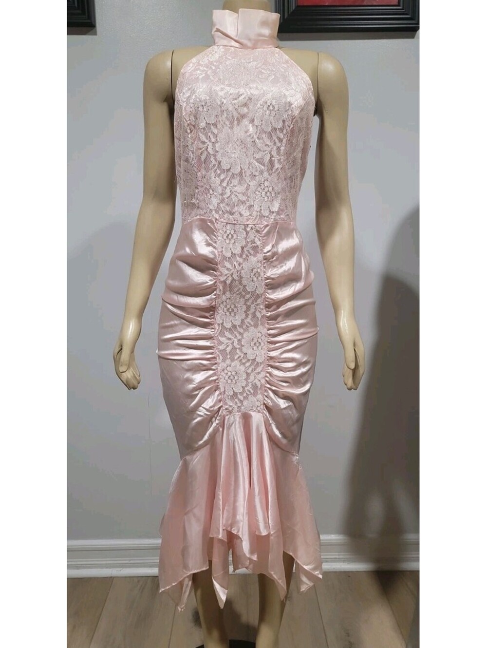 DIAMOND'S RUNS Vtg Ruched Ruffle Satin/lace 9-10 Dress Victorian Pink #04 - Picture 2 of 15
